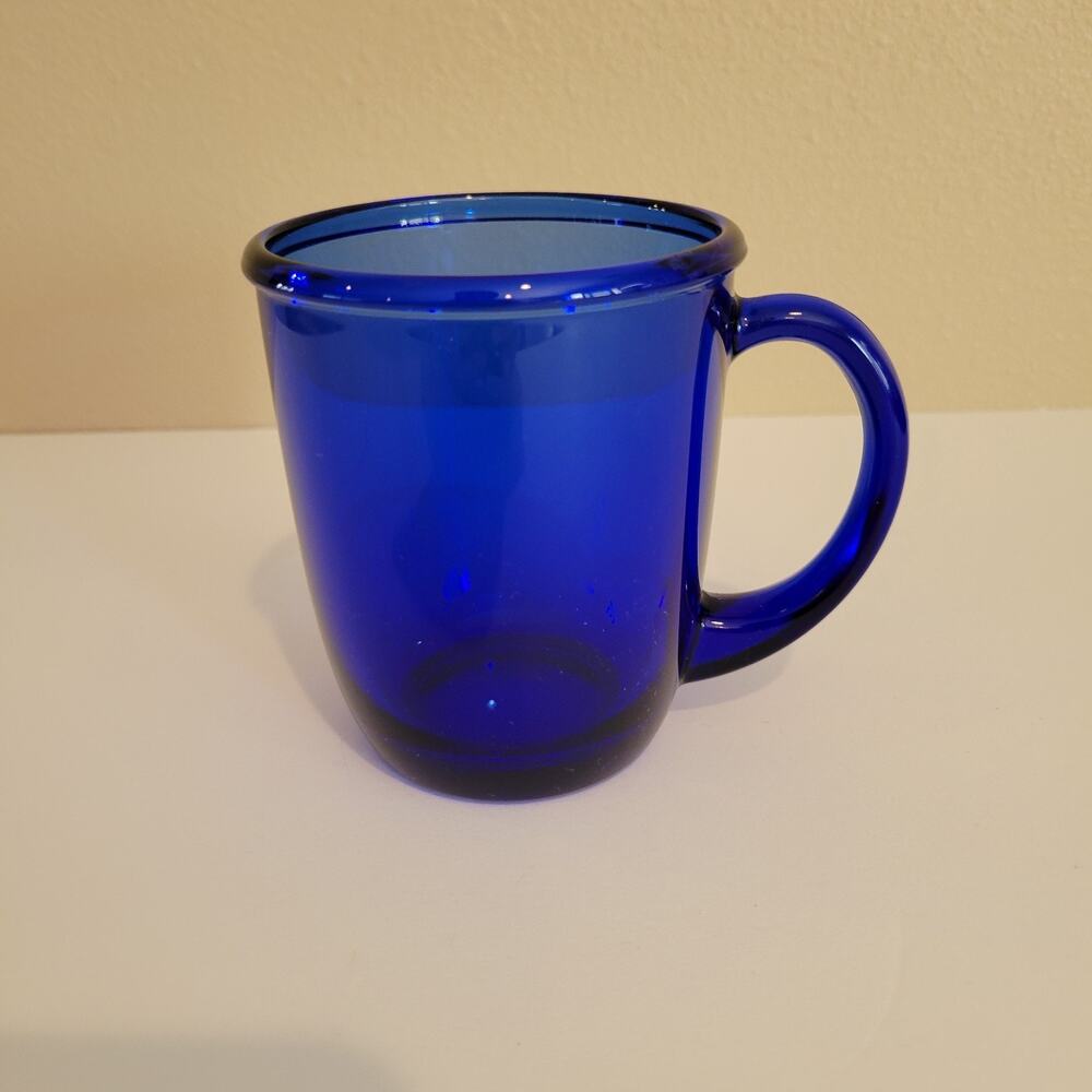 Arcoroc France Cobalt Blue Glass Coffee Mug 3.75" Tall Vintage NICE